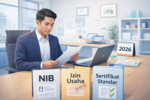 ilustrasi modern perbedaan NIB, izin usaha, dan Sertifikat Standar untuk pelaku usaha di Indonesia